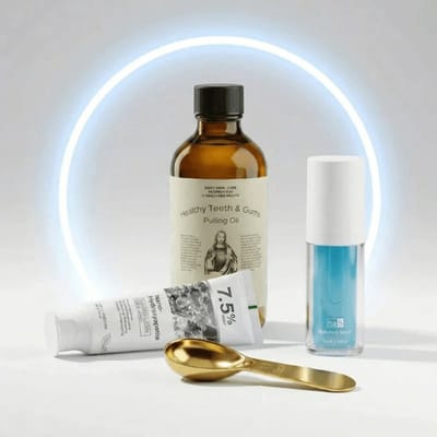 Holymouthwash - De Halo 4-Weken Herstelkit - Oil Pulling + Nano-Hydroxyapatiet Tandpasta + Hyaluronzuur Serum + Lepel - Mondspoeling - Stopt Bloedend Tandvlees & Slechte Adem - Fluoridevrij - 120ml
