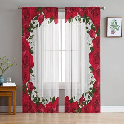 Rode Roos Bloemen Houtnerf Transparante Gordijnen voor Woonkamer Decoratie Raambekleding voor Keuken Tule Voile Organza Gordijnen W135 x H115cm x1 brown