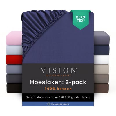 Vision - Hoeslaken - 100% katoen - 90 x 200cm verpakt per 2 stuks - Geschikt voor boxspring matras: ruime hoek van 30cm - Marineblauw - Oekotex gecertificeerd