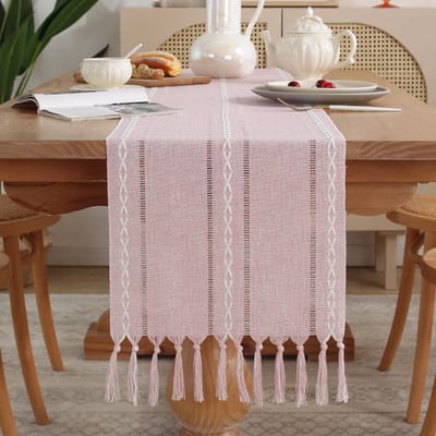 meioro Moderne tafelloper tafelkleed 33 x 240 cm met kwasten, handgemaakte vintage strepen, tafeldecoratie voor binnen en buiten, keuken, eetkamer, feest (roze)