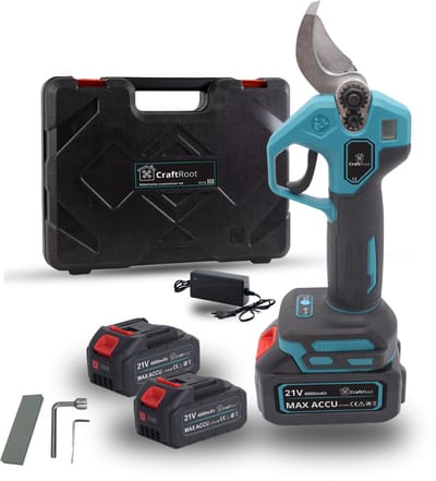 CraftRoot Elektrische Snoeischaar Incl. Opbergkoffer en 2X 4.0Ah Accu’s- Professionele Draadloze Heggenschaar - 32mm Snijdiameter - Elektrische Takkenschaar - Tuin Snoei Schaar voor Heggen & Takken