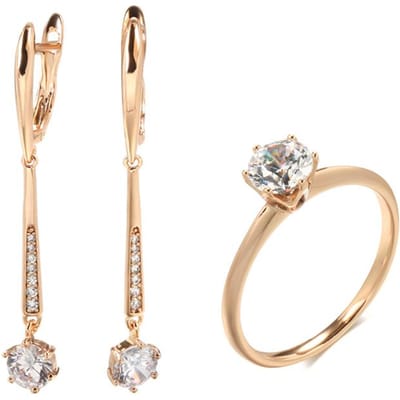 Nieuwe Roségoud Dames Lange Oorbellen Ring Sets Ronde Witte Natuurlijke Zirkoon Luxe Fijn Cadeau Casual Mode Sieradensets 9