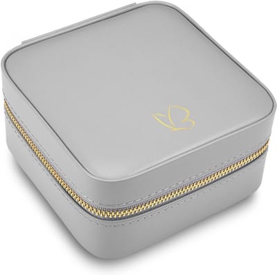 Famanu – Juwelen reisetui van imitatieleer - grijs - 11,5 x 11,5 x 5,8 cm - met crème fluwelen binnenkant en spiegel - sieradenkistje voor op reis