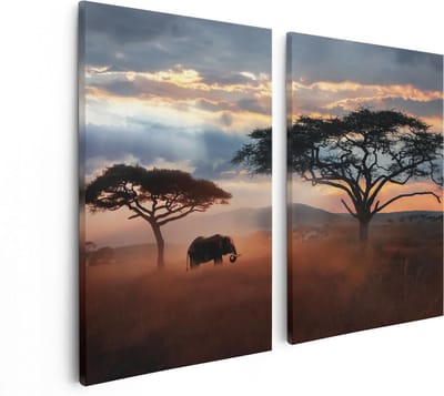 Artaza Canvas Schilderij Tweeluik Olifant In Het Wild - Savanne - 80x60 - Foto Op Canvas - Canvas Print