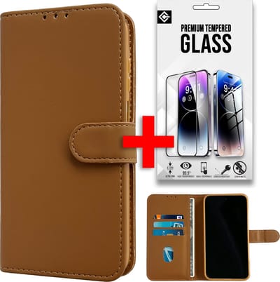 Casemania Hoesje Geschikt voor Xiaomi Redmi A3 - Bruin- Portemonnee Book Case met Pasjeshouder en Ingebouwde Standaard + Glazen Screenprotector