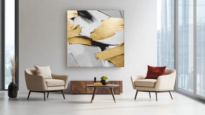 Vierkant Canvas Schilderij Luxe Abstract - Zwart Wit met Gouden Accenten - Wanddecoratie - 40 x 40 cm