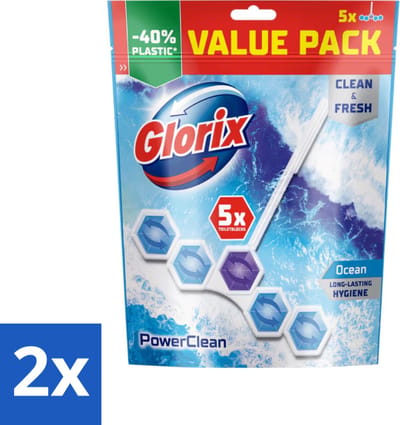 Glorix - Power Clean - Toiletblok - Ocean - Hersluitbare Verpakking - 5 Blokken - Voordeelverpakking - 2 stuks