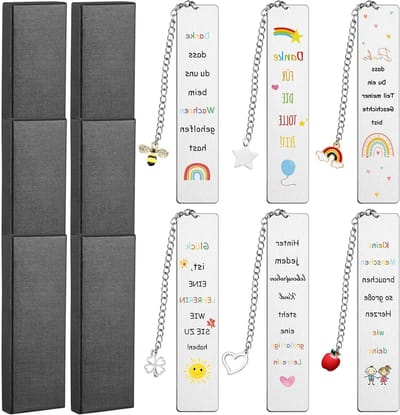 Allecto Plus - 6 Sets Boekenleggers Thanksgiving Afscheidscadeaus voor Leraren Motiverende Boekenleggers met Geschenkdozen Metalen Boekenleggers Gedachten voor Professor Diploma Verjaardag