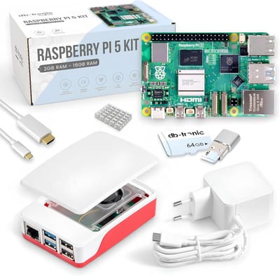 Raspberry Pi 5 4GB starterskit | 64GB-editie | Officiële 27 W-voeding | Officiële behuizing met ventilator | 4K Micro HDMI-kabel 1 m | Aluminium koellichaam