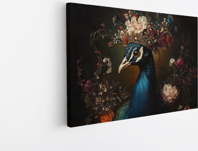 Saammp Canvas Schilderij - Pauw met kroon - Bloemen - Dieren - Natuur - 45x30 - Foto op canvas - Wanddecoratie - muurdecoratie Woonkamer - Slaapkamer decoratie - Canvas Print