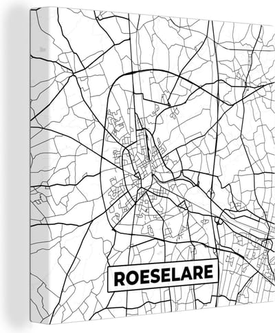 Canvas Schilderij Stadskaart – Zwart Wit - Kaart – Roeselare – België – Plattegrond - 20x20 cm - Wanddecoratie