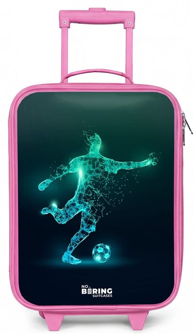 NoBoringSuitcases.com® - Kinderkoffer roze - Kindertrolley meisje - Voetballer trapt met kracht in digitale vorm - Koffer kind lichtgewicht - Reiskoffer trolley voor kinderen - Koffertje met lichtgevende wieltjes - Rolkoffer