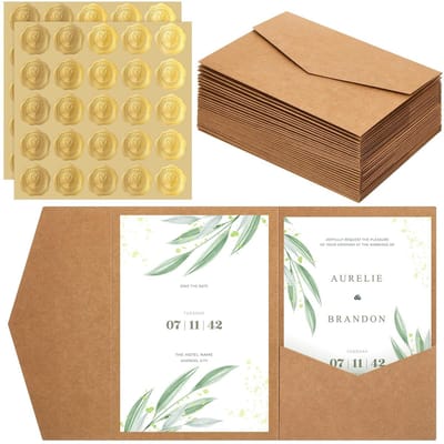 Dailygoods- Enveloppen Kraftpapier - Pocketfold Enveloppen - Zelfklevende Lakzegels - 30 Stuks - Gouden Hartjespatroon - Stevig en Duurzaam - Uitnodigingsenveloppen