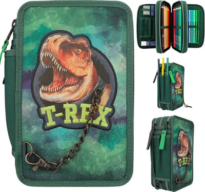 Depesche Dino World - T-rex - Triple Pencil Case - Green with Chain