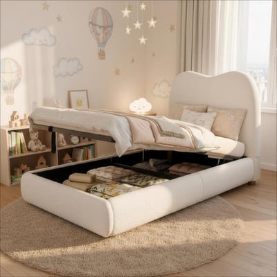 DESMIU Gestoffeerd Kinderbed 90x200 cm – Hydraulisch Opbergbed Met Lattenbodem – Grote Opbergruimte Onder Bed – Voor Kinderkamer – Bouclé – Beige – Zonder Matras