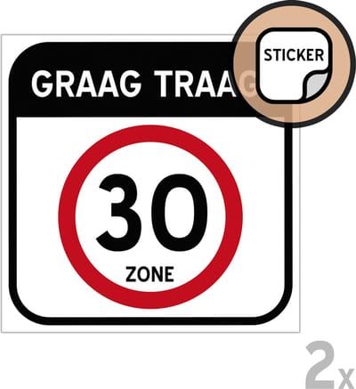 Pictogram/ stickers (2x) | "Graag traag!" - Zone 30 | 15 x 15 cm | School | Traag rijden | Stapvoets verkeer | Snelheidslimiet | 30 kilometer per uur | Sticker | Spelende kinderen | Schoolzone | Zelfklever | 2 stuks