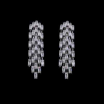 Victoria Valenza Zilverkleurige Cascade Clip Oorbellen met Baquette Zirkonia Stenen - Clip oorbellen - Zilverkleurig - Zirkonia - Lange oorbellen