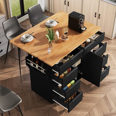 MODENUIT Keukeneiland - Uitklapbaar Werkblad En 8 Laden - Voor Keuken En Eethoek - MDF Zwart - 122x46x91,5 Cm