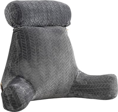 NAVOBIZ Rugsteun kussen - Leeskussen - Steunkussen - Fluwelen stof - Ergonomisch - Afneembare nekrol - Zijvakken - Donkergrijs