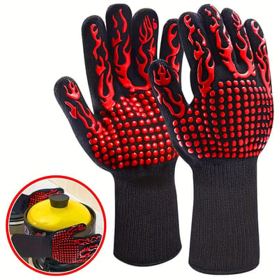 Dutchers® Hittebestendige Keukenhandschoenen - BBQ handschoen - Ovenwanten - Hittebestendig Ovenhandschoen - Pannenonderzetter - Barbecue Accessoires – Zwart Anti-slip – Veilig voor Oven, Magnetron & Grill – Duurzaam & Textuur Grip