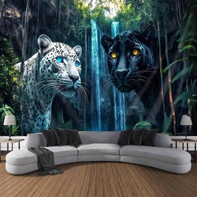 Wit En Zwarte Panter Wandkleed, Waterval Jungle Bos Landschap, Cool Dierlijke Muurkunst Decoratie Voor Woonkamer 100x150cm39x59in