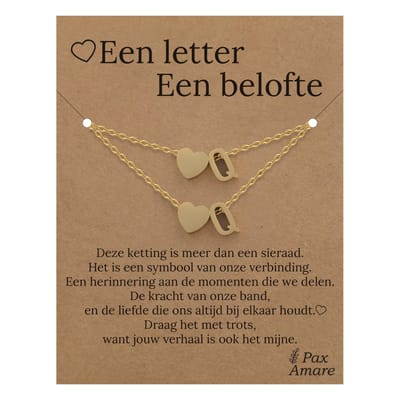 Letter Q ketting + armband set op Cadeau Kaartje - Een letter, een belofte - Goudkleurig Stainless Steel - Initiaal & Hartje Hanger - Pax Amare