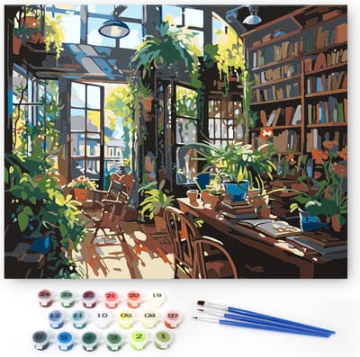Rubye® Schilderen Op Nummer Volwassenen – Boekenkast – Inclusief Penselen – Canvas Schildersdoek Zonder Frame – Kleuren op Nummer – 50x40cm