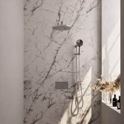 Brauer Chrome Edition thermostatische inbouw regendouche met drukknoppen SET 68 met 30 cm douchekop en rechte muurarm en 3-standen handdouche en doucheslang en geïntegreerde glijstang chroom