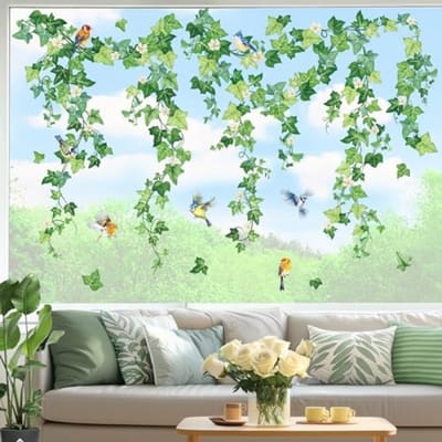 PromoHome Dubbelzijdige Raamstickers Set - 8 Stuks Hangende Groene Ranken, Lentebloemen, Klimopbladeren en Vogels - Anti-Botsing Raamdecoratie voor Binnen en Buiten