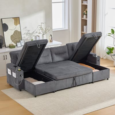 MODENUIT Hoekbank 272 x 136 cm - Dubbele Chaise Longue met Opbergruimte en Usb-C - Voor Woonkamer - Cord Grijs