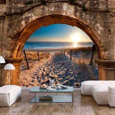 98cm X 70cm - Zelfklevend fotobehang -  Strand door een boog , Premium Print