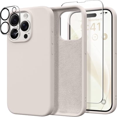 Stravo Siliconen Hoesje geschikt voor iPhone 14 Pro Max , Rotsgrijs, Met 1X Screenprotector + 1X Cameralensbeschermer, [Zachte Krasbestendige Microvezelvoering], Vloeibare Siliconen Schokbestendige Beschermende Telefoonhoes 6.7"