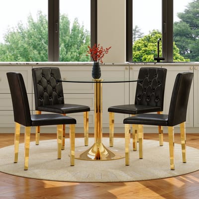 MIVRAY Eetkamerset 85 cm - Ronde Glastafel Met 4 Stoelen - Voor Eetkamer En Horeca - Metaal Glas Kunstleer - Zwart Goud