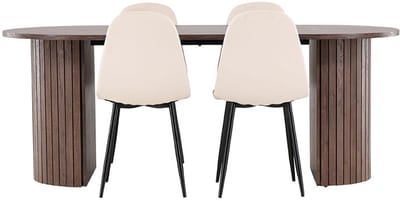 Härön eethoek tafel 90x200cm en 4 velours stoelen mocca.