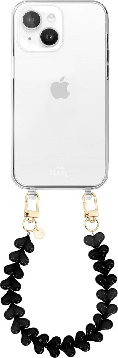 xoxo Wildhearts siliconen hoesje - Geschikt voor iPhone 15 Plus hoesje - Funky Hearts - Telefoonhoesje - Hoesje met koord - Zwart koord - kort telefoonkoord - Hartjes ketting - Transparant hoesje