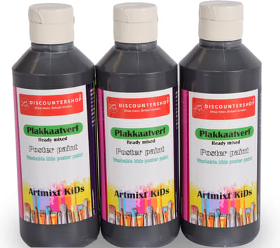 Plakkaatverf Trio-Pack Zwarte Plakkaatverf Set (250 ml elk) | Ideaal als Hobbyverf voor Kinderen en Volwassenen | Kindvriendelijk en Uitwasbaar