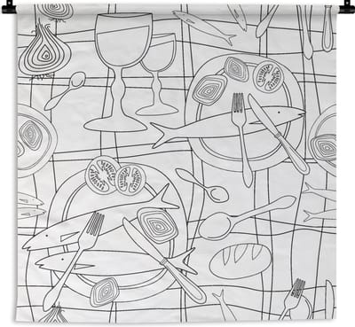 Wandkleed - Wanddoek - Vis - Patronen - Zwart Wit - 90x90 cm - Wandtapijt