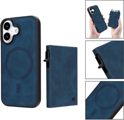 Casemania Hoesje Geschikt voor Apple iPhone 17 - Navy Blue - Magnetisch Back Cover met Uitschuifbaar Pasjeshouder - 2 in 1 Telefoonhoesje geschikt voor MagSafe met 6 Pasvakjes Creditkaarthouder - Donker Blauw