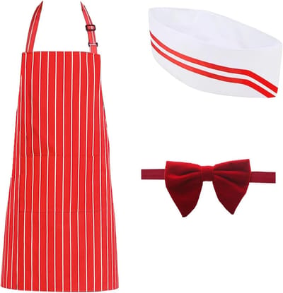 50s Waiter Kostuum Set voor Volwassenen, Inclusief Rode en Witte Gestreepte Schort, Chef Hoed en Verstelbare Strik, Perfect voor Carnaval, Halloween en Themafeesten