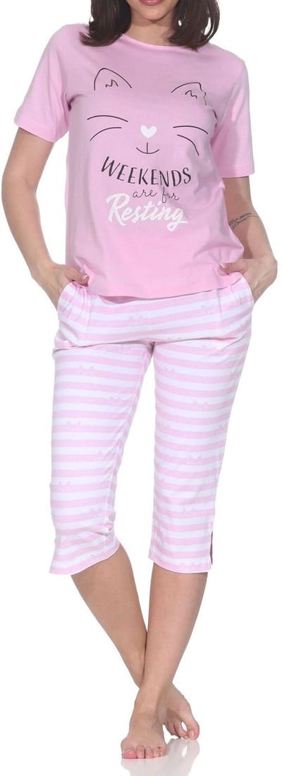 Normann dames capri pyjama met korte mouwen in kattenlook – ook in grote maten