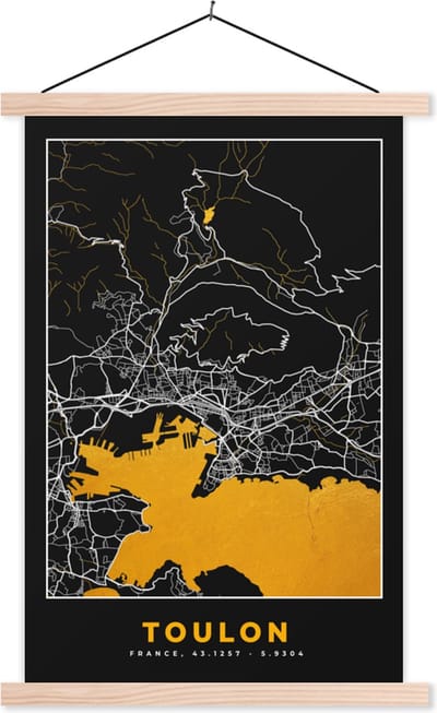 Posterhanger incl. Poster 40x60 cm - Schoolplaat - Plattegrond – Kaart – Stadskaart – Frankrijk – Toulon - Textielposter - Blanke latten - Stadskaart