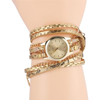 Dames Vlecht Weef Armband Quartz Analoog Ronde Horloge Polshorloge(Goud) beige