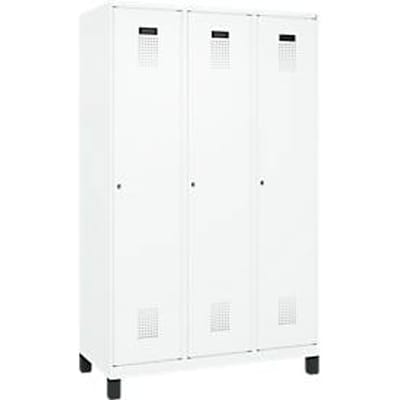 C+P Evolo Plus garderobekast, 3 vakken, 400 mm vakbreedte, met voetjes, rechts scharnierend, soft-close, inbraakwerend, B 1200 x D 500 x H 1950 mm, cilinderslot, verkeerswit RAL 9016/ verkeerswit RAL 9016