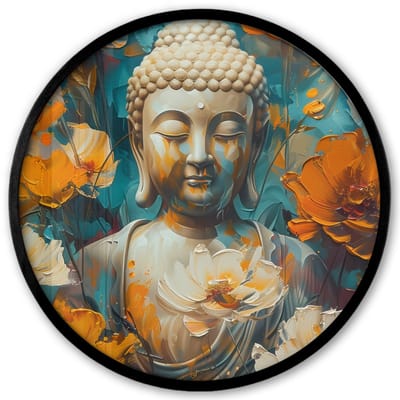 Poster in lijst Rond - Fotolijst 40x40 cm - Posters - Buddha - Bloemen - Kleurrijk - Modern - Ronde posterlijst zwart - Decoratie - Wanddecoratie woonkamer - Muurdecoratie slaapkamer