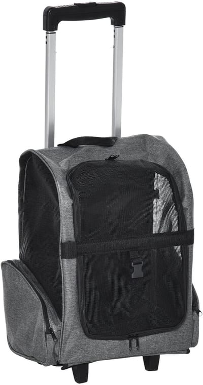 Killogood Rollende dierentransporttas 2-in-1 – trolley/draagtas voor honden en katten met telescoopgreep - opbergruimte - ventilatie en veiligheidslijn - 42 x 25 x 55 cm - grijs