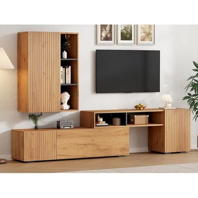 ModernLuxe TV-meubel set 2-delig - verstelbaar TV-meubel + wandmeubel - 4 deuren - open planken - natuur+zwat