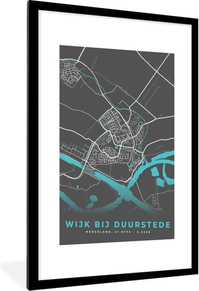 Fotolijst incl. Poster - Stadskaart - Wijk bij Duurstede - Grijs - Blauw - 60x90 cm - Posterlijst - Plattegrond