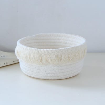 Ronde grote opbergmand van katoen, 17 x 9 cm, gevlochten met franjes voor cosmetica, snacks en meer