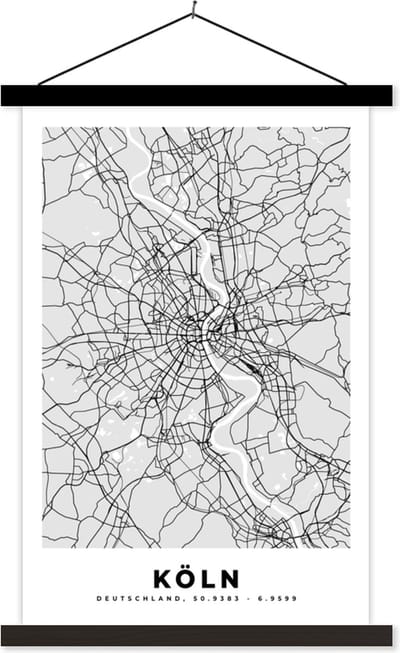 Posterhanger incl. Poster 40x60 cm - Schoolplaat - Stadskaart - Duitsland - Plattegrond - Köln - Kaart - Textielposter - Zwarte latten - Stadskaart