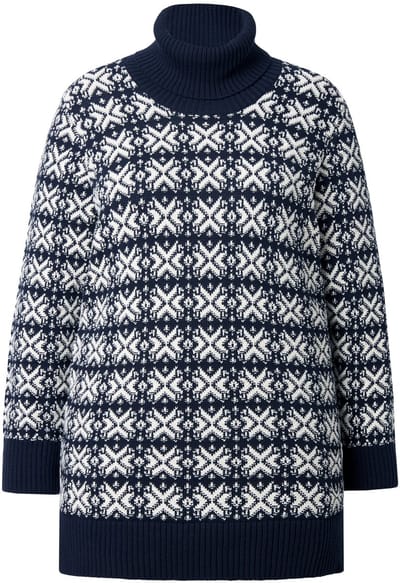 Ulla Popken - Dames - Trui sneeuwvlokken col lange mouwen biologisch katoen - Marineblauw - Maat 42+